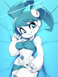 Rule 34 | 1girl, absurdres, blue eyes, blue hair, breasts, closed mouth, commentary, doll joints, english commentary, highres, jenny wakeman, joints, looking at viewer, lying, mecha musume, medium breasts, navel, on back, original, pale skin, short hair, slugbox, smile, solo
