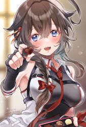 1girl :d ahoge blue_eyes braid breasts brown_hair chocolate dated food hair_between_eyes hair_flaps hair_over_shoulder highres holding holding_food kantai_collection large_breasts long_hair looking_at_viewer mot_zenzai necktie open_mouth red_necktie shigure_(kancolle) shigure_kai_san_(kancolle) single_braid sleeveless smile solo twitter_username two-tone_shirt upper_body valentine