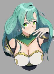 Rule 34 | 1girl, absurdres, aqua hair, bare shoulders, breasts, chloe (fire emblem), cleavage, cropped torso, earrings, fire emblem, fire emblem engage, fox head (markcayce), gloves, green eyes, grey background, highres, jewelry, large breasts, long hair, looking at viewer, nintendo, simple background, smile, solo, upper body, white gloves