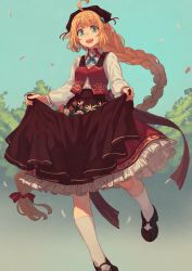 Rule 34 | 1girl, ahoge, apron, apron hold, aqua eyes, blonde hair, bow, braid, flower, frilled skirt, frills, long hair, looking at viewer, open mouth, original, peroncho, skirt, solo, twin braids, very long hair, vest