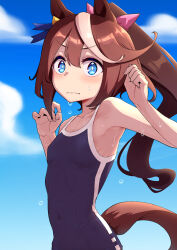 Rule 34 | 1girl, animal ears, armpits, bare shoulders, blue eyes, blue one-piece swimsuit, blue sky, blush, breasts, brown hair, closed mouth, collarbone, commentary request, commission, competition school swimsuit, covered navel, hair ribbon, highres, horse ears, horse girl, horse tail, long hair, missile (55missile), multicolored hair, one-piece swimsuit, pink ribbon, ponytail, ribbon, school swimsuit, skeb commission, sky, small breasts, solo, streaked hair, swimsuit, tail, tokai teio (umamusume), umamusume, upper body, wavy mouth, white hair