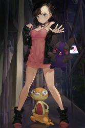 Rule 34 | 1girl, absurdres, aqua eyes, asymmetrical bangs, asymmetrical hair, bare shoulders, black hair, black jacket, black nails, blush, breasts, choker, commentary request, creatures (company), dress, game freak, gen 5 pokemon, gen 8 pokemon, hair ribbon, highres, jacket, long sleeves, looking at viewer, marnie (pokemon), medium breasts, medium hair, morpeko, morpeko (hangry), nail polish, nintendo, open clothes, outdoors, pink dress, poke ball, poke ball (basic), pokemon, pokemon (creature), pokemon swsh, red ribbon, ribbon, scraggy, taena, twintails