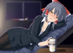 Rule 34 | 1girl, :d, beer can, black hair, black jacket, black pantyhose, black skirt, blazer, blurry, blurry background, blush, bow, breasts, can, chair, cleavage, collarbone, commentary, cookie (touhou), cowboy shot, drink can, drunk, formal, frilled bow, frills, hair bow, hair tubes, hakurei reimu, highres, indoors, jacket, konfu nodashino bubun, long sleeves, looking at viewer, lying, medium breasts, miniskirt, on side, open mouth, orange eyes, pantyhose, pencil skirt, red bow, sananana (cookie), shirt, short hair, sidelocks, skirt, smile, solo, suit, thighs, touhou, translation request, wand, white shirt, window, wing collar