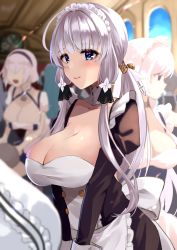 Rule 34 | 6+girls, absurdres, alternate costume, apron, azur lane, belfast (azur lane), blue eyes, blue hair, blurry, blurry background, bow, breasts, buttons, center frills, cleavage, dido (azur lane), double-breasted, frilled apron, frilled hairband, frills, hairband, highres, illustrious (azur lane), large breasts, long hair, looking at viewer, maid headdress, multiple girls, neptune (azur lane), open mouth, puffy short sleeves, puffy sleeves, sheffield (azur lane), short hair, short sleeves, sirius (azur lane), waist apron, wee (weeyy), white bow, white hair