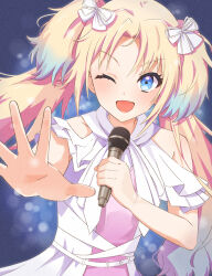 Rule 34 | 1girl, absurdres, bare shoulders, blonde hair, blue background, blue eyes, blue hair, bow, clothing cutout, commentary, daimanzoku!, dress, fang, hair bow, highres, holding, holding microphone, link! like! love live!, link to the future (love live!), love live!, microphone, multicolored hair, multiple hair bows, one eye closed, open mouth, osawa rurino, parted bangs, pink dress, reaching, reaching towards viewer, shoulder cutout, twintails, two-tone dress, two-tone hair, upper body, white dress