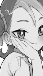 Rule 34 | 1girl, :&gt;, cheek press, choker, commentary request, commission, from side, greyscale, hair bun, head rest, highres, long hair, looking to the side, mizuki kotori (yu-gi-oh!), monochrome, short hair, simple background, single hair bun, skeb commission, solo, ukokkei, white background, yu-gi-oh!, yu-gi-oh! zexal