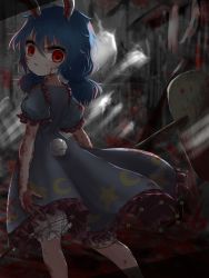 Rule 34 | 1girl, ambiguous red liquid, animal ears, arms at sides, bloomers, blue dress, blue hair, rabbit ears, rabbit tail, commentary request, crazy eyes, crescent print, dark room, dilapidated, dress, empty eyes, feet out of frame, furrowed brow, highres, holding, holding mallet, indoors, kayon (touzoku), kine, light rays, looking at viewer, looking back, low twintails, mallet, parted lips, puffy short sleeves, puffy sleeves, red eyes, seiran (touhou), short hair, short sleeves, solo, splatter, stained clothes, standing, star (symbol), star print, sunbeam, sunlight, tail, touhou, twintails, underwear, wide-eyed