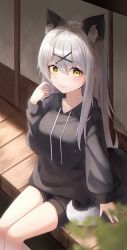 Rule 34 | 1girl, absurdres, animal ears, architecture, bini (bini owo), black hoodie, black shorts, blush, breasts, east asian architecture, fox, fox ears, fox tail, highres, hood, hoodie, japanese house, long hair, looking at viewer, medium breasts, original, shorts, silver hair, sitting, smile, solo, tail, yellow eyes