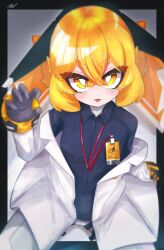 Rule 34 | 1girl, absurdres, black border, black gloves, black shirt, blonde hair, border, claw pose, collared shirt, dress shirt, fangs, gloves, hair between eyes, hand up, headset, highres, ine 2, jacket, long sleeves, looking at viewer, mochibe (ine 2), off shoulder, open clothes, open jacket, orange eyes, orange hair, original, parted lips, shirt, short eyebrows, signature, solo, thick eyebrows, tongue, tongue out, white jacket