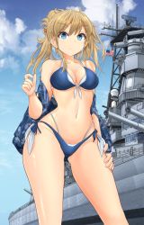 Rule 34 | 1girl, absurdres, american flag, battleship, bikini, blonde hair, blue bikini, blue eyes, blue jacket, blue sky, breasts, camouflage, camouflage jacket, closed mouth, cloud, cloudy sky, day, folded ponytail, front-tie bikini top, front-tie top, hand on own thigh, highres, jacket, light frown, medium breasts, medium hair, mikeran (mikelan), military, military vehicle, motion blur, multi-strapped bikini, navel, ocean, off shoulder, open clothes, open jacket, original, outdoors, ship, side-tie bikini bottom, sky, smoke, solo, swimsuit, united states navy, vehicle request, warship, watercraft