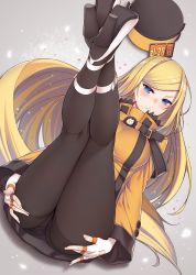 Rule 34 | 1girl, ass, black hat, black panties, black pantyhose, blonde hair, blue eyes, blush, breasts, buckle, coat, commentary request, fingerless gloves, gloves, guilty gear, guilty gear xrd, hat, high collar, high heels, highres, large breasts, legs together, legs up, long hair, long sleeves, looking at viewer, lying, millia rage, on back, orange coat, orange hat, panties, panties under pantyhose, pantyhose, ray-akila, simple background, solo, swept bangs, thighband pantyhose, tsurime, underwear, unworn hat, unworn headwear, v-shaped eyebrows, very long hair, white footwear, white gloves