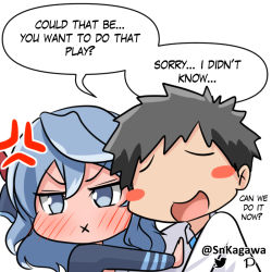 Rule 34 | 1boy, 1girl, :d, :x, ako (blue archive), anger vein, black hair, blue archive, blue eyes, blue hair, blush, blush stickers, business casual, collared shirt, commentary, english commentary, english text, faceless, hair between eyes, long hair, long sleeves, looking away, necktie, open mouth, sensei (blue archive), shirt, sidelocks, smile, snkagawa, teasing, twitter username