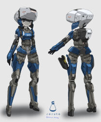 Rule 34 | 1girl, arms at sides, artist name, blue eyes, commentary request, from behind, grey background, gun, handgun, highres, holster, joints, looking at viewer, multiple views, original, police, robot girl, robot joints, science fiction, soruto 0w98e, standing, thigh holster, weapon