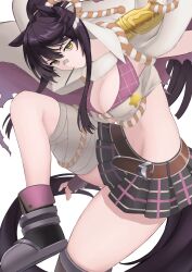Rule 34 | 1girl, animal ears, bandaged leg, bandages, bandaid, bandaid on face, bandaid on nose, bandeau, belt, black footwear, black gloves, black hair, boots, breasts, brown belt, chest sarashi, cleavage, commentary request, ear ornament, fingerless gloves, foot out of frame, fur-trimmed jacket, fur trim, gloves, hair between eyes, highres, horse ears, horse girl, horse tail, jacket, large breasts, long hair, looking at viewer, mixed-language commentary, mouth hold, narita brian (umamusume), open clothes, open jacket, plaid, plaid skirt, ponytail, reibun (raven1119), rope, sarashi, shimenawa, simple background, skirt, solo, stalk in mouth, tail, umamusume, very long hair, white background, yellow eyes