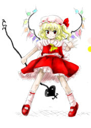 Rule 34 | 1girl, ascot, blonde hair, bow, female focus, flandre scarlet, full body, hat, hat ribbon, huyusilver, laevatein, mob cap, official style, parody, red eyes, ribbon, short hair, skirt, smile, socks, solo, touhou, white background, white hat, wings, zun (style)