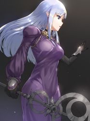 Rule 34 | 1girl, black background, blue eyes, blue hair, breasts, medea (fate), fate/stay night, fate (series), gloves, hip focus, kfr, long hair, matching hair/eyes, pointy ears, simple background, solo, staff