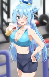 Rule 34 | 1koma, :d, aqua (konosuba), bare arms, black shorts, blue eyes, blue hair, blurry, blurry background, blush, bottle, breasts, cleavage, collarbone, comic, commentary, commission, cowboy shot, curvy, dars (recolors), double-parted bangs, dumbbell, eyelashes, gym, hair between eyes, halterneck, hand on own hip, happy, heavy breathing, highres, holding, holding bottle, indoors, kono subarashii sekai ni shukufuku wo!, large breasts, long hair, looking at viewer, navel, one eye closed, open mouth, shorts, skeb commission, smile, solo, sports bra, sportswear, standing, straight hair, sweat, very long hair, visible air