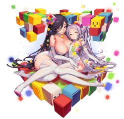 Rule 34 | 2girls, ass, bare shoulders, black hair, breasts, choker, cleavage, cube, destiny child, elbow gloves, gloves, hair ornament, hand on thigh, holding, large breasts, long hair, looking at viewer, moa (destiny child), mole, mole under eye, multiple girls, paint stains, purple eyes, purple hair, rubik&#039;s cube, sitting, small breasts, thighhighs, transparent background, twintails, white legwear