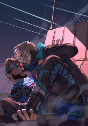 Rule 34 | 2boys, absurdres, apex legends, b3 wingman, black jacket, black pants, blood, blood on face, blue scarf, checkered clothes, checkered scarf, crypto (apex legends), facial hair, fence, goatee, goggles, goggles on head, grabbing another&#039;s hair, grey hair, gun, highres, holding, holding gun, holding weapon, jacket, mirage (apex legends), multiple boys, official alternate costume, open hand, open mouth, pants, scarf, sitting, sitting on person, stepped on, undercut, weapon, wu ge