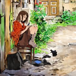 Rule 34 | 1girl, black eyes, book, brown hair, brown skirt, checkered clothes, checkered jacket, closed eyes, commentary request, day, dog, door, flower, grass, grey socks, highres, house, jacket, no shoes, open book, outdoors, plant, profile, reading, road, sitting, skirt, smile, socks, solo, stool, street, umishima senbon
