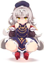 Rule 34 | 1girl, azur lane, beret, closed mouth, gloves, grey hair, hat, highres, long hair, looking at viewer, mole, mole under eye, simple background, solo, squatting, very long hair, white background, white gloves, yellow eyes, z46 (azur lane), zamudelin