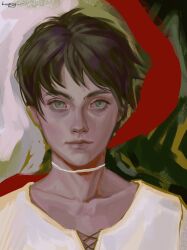 Rule 34 | 1boy, boopsy, brown hair, eren yeager, expressionless, green eyes, highres, looking at viewer, male focus, painterly, portrait, realistic, rotational symmetry, scarf, shingeki no kyojin, short hair, solo, straight-on, thick eyebrows
