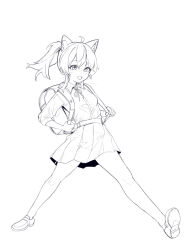 Rule 34 | 1girl, :d, animal ear fluff, animal ears, aningay, backpack, bag, blush, breasts, collared shirt, dress shirt, full body, greyscale, hair between eyes, highres, loafers, looking at viewer, monochrome, neck ribbon, open mouth, original, pleated skirt, ponytail, randoseru, ribbon, shirt, shoe soles, shoes, short sleeves, simple background, skirt, small breasts, smile, solo, white background