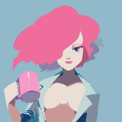 Rule 34 | 1girl, blue background, breasts, coffee mug, hair over one eye, lips, looking at viewer, mug, open clothes, open shirt, original, pink eyes, pink hair, shirt, sleeves pushed up, smile, solo, yojio (2188)