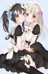 Rule 34 | 2girls, apron, black dress, black hair, black legwear, blonde hair, blue background, blue hairband, blue ribbon, blueberry, blush, bow, breast press, breasts, brown eyes, brown hair, butterfly hair ornament, cherry, closed mouth, commentary request, dress, face-to-face, fate/kaleid liner prisma illya, fate (series), food, frilled apron, frills, from side, fruit, hair between eyes, hair ornament, hair ribbon, hairband, heart, illyasviel von einzbern, long hair, looking at viewer, maid, maid apron, maid headdress, miyu edelfelt, multiple girls, open mouth, orange (fruit), orange slice, parted lips, pink eyes, pink ribbon, platinum blonde hair, puffy short sleeves, puffy sleeves, red eyes, ribbon, short sleeves, side ponytail, silver hair, simple background, sino (sionori), sitting, skindentation, small breasts, smile, spill, strawberry, sweatdrop, symmetrical docking, tareme, thighhighs, thighs, twintails, waist apron, wariza, whipped cream, white apron, white bow