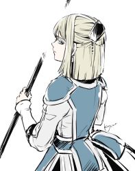 Rule 34 | 1girl, blonde hair, blue eyes, closed mouth, dress, gensou suikoden, gensou suikoden iii, half updo, jewelry, looking at viewer, sarah (suikoden iii), short hair, simple background, solo, staff, weapon, white background