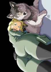 Rule 34 | 1girl, ass, automatic giraffe, blonde hair, blue eyes, blue lips, highres, looking back, lying, metal gear (series), metal gear solid, on stomach, sniper wolf, wolf