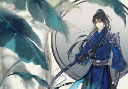 Rule 34 | 1boy, armor, black gloves, black hair, blue hanfu, blurry, bracer, chinese clothes, chinese commentary, closed mouth, depth of field, erha he tadebai mao shizun, gloves, hanfu, high ponytail, holding, holding sword, holding weapon, jing shu, leaf, long hair, long sleeves, looking at viewer, male focus, official art, rain, round window, scabbard, sheath, sheathed, shoulder armor, smile, solo, sword, weapon, window, xue meng, yellow eyes