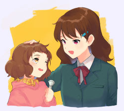 Rule 34 | 2girls, :d, aged down, blazer, blue jacket, blush, brown hair, child, collared shirt, dress shirt, hair ornament, hairclip, hand on another&#039;s head, hibike! euphonium, highres, holding, hood, hoodie, jacket, long hair, long sleeves, looking at another, medium hair, mouthpiece, multiple girls, neck ribbon, one eye closed, open mouth, oumae kumiko, oumae mamiko, pink eyes, pink hoodie, pink jacket, plaid, plaid shirt, ratifuu, red neckwear, ribbon, school uniform, shirt, siblings, sisters, smile, white shirt, yellow eyes
