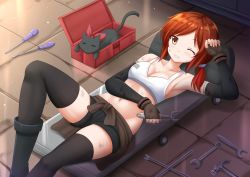 Rule 34 | 1girl, ;d, = =, arm up, armpits, bare shoulders, black gloves, black shorts, black thighhighs, box, breasts, brown eyes, choker, claw hammer, cleavage, closed eyes, clothes around waist, collarbone, fingerless gloves, from above, gloves, grin, hair tie, hammer, highres, holding, in box, in container, kazenokaze, knee up, looking at viewer, looking up, low ponytail, lying, mechanic, medium breasts, mud, navel, nichijou, on back, one eye closed, open mouth, orange hair, original, red ribbon, ribbon, ribbon choker, sakamoto (nichijou), screwdriver, short hair, shorts, sideboob, sleeping, sleeveless, smile, solo, stomach, sweatdrop, tank top, teeth, thighhighs, tile floor, tiles, wrench