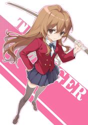 Rule 34 | absurdres, aisaka taiga, black thighhighs, blue skirt, brown eyes, brown hair, english text, highres, jacket, pink background, red jacket, shirt, skirt, thighhighs, thighs, toradora!, two-tone background, white background, white shirt, yunweishukuang