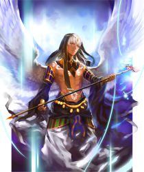 Rule 34 | 10s, 1boy, abs, bad id, bad pixiv id, dark-skinned male, dark skin, feathered wings, feathers, jewelry, kamigami no asobi, male focus, mori (tsk03ss), necklace, orange eyes, sky, solo, staff, tattoo, thoth caduceus, tiara, topless male, veil, wings