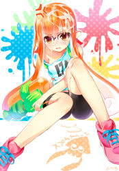 Rule 34 | 1girl, anger vein, bespectacled, bike shorts, blush, breasts, covered erect nipples, glasses, highres, inkling, inkling girl, inkling player character, long hair, looking at viewer, matching hair/eyes, monster girl, mpeg7, nintendo, off shoulder, open mouth, orange eyes, orange hair, paint splatter, pointy ears, shoes, sneakers, solo, splatoon (series), splatoon 1, squid, suggestive fluid, super soaker, tentacle hair, tentacles, twintails, youta