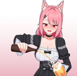 Rule 34 | 1girl, absurdres, animal ears, beer mug, black choker, black dress, blush, borrowed character, bottle, breasts, choker, cleavage, commission, cup, dress, fox ears, frilled dress, frills, gradient background, hair ornament, hairclip, highres, holding, holding bottle, large breasts, long sleeves, looking down, mole, mole under eye, mug, nose blush, open mouth, original, pink hair, pouring, red eyes, smile, solo, spammayoss, upper body