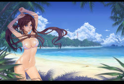 Rule 34 | 1girl, arms up, beach, bikini, bikini pull, blush, breasts, brown hair, cleavage, clothes pull, cloud, contrapposto, crab, day, groin, karanak, large breasts, letterboxed, long hair, looking at viewer, md5 mismatch, navel, ocean, original, outdoors, shadow, shiny skin, smile, solo, standing, swimsuit, twintails, water