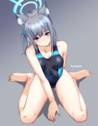 Rule 34 | 1girl, animal ear fluff, animal ears, aona (anagasaki), barefoot, black one-piece swimsuit, blue archive, blue eyes, breasts, competition swimsuit, covered navel, cross hair ornament, extra ears, full body, grey hair, hair ornament, halo, highres, low ponytail, medium breasts, medium hair, mismatched pupils, multicolored clothes, multicolored swimsuit, official alternate costume, one-piece swimsuit, shiroko (blue archive), shiroko (swimsuit) (blue archive), sitting, solo, swimsuit, twitter username, wariza, wolf ears