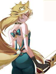 Rule 34 | 1girl, absurdres, animal ears, ass, bare shoulders, blonde hair, bow (weapon), dog ears, dog tail, from behind, genshin impact, gloves, green eyes, hair ornament, highres, hina (genshin impact), huge ass, japanese clothes, kimono, long hair, looking at viewer, multicolored hair, off-shoulder kimono, off shoulder, solo, tail, two-tone hair, weapon, white hair
