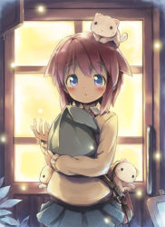 Rule 34 | 1girl, :o, aikei ake, animal, animal on head, bag, blue eyes, brown hair, cat, cat on head, fireflies, hair flaps, holding, holding bag, long sleeves, looking at viewer, on head, original, shoulder bag, solo, storefront