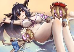 Rule 34 | 10s, 1girl, antenna hair, bad id, bad pixiv id, bags under eyes, bandaged arm, bandages, beach, bikini, blush, breasts, covered erect nipples, dakunesu, danua, doll, draph, front-tie bikini top, front-tie top, granblue fantasy, gretel (granblue fantasy), hair between eyes, hansel (granblue fantasy), horns, large breasts, long hair, lying, midriff, on back, open mouth, outdoors, pale skin, red eyes, sand dollar, solo, stuffed toy, swimsuit, water