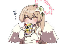 Rule 34 | 1girl, alcohol, angel wings, blonde hair, blue archive, buttons, can, capelet, chibi, commentary request, double-breasted, dress, drinking, feathered wings, flower, gun, hair flower, hair ornament, halo, handgun, highres, holster, holstered, horoyuki (gumizoku), long hair, long sleeves, nagisa (blue archive), narrowed eyes, ringed eyes, simple background, solo, strong zero, upper body, very long hair, weapon, white background, white capelet, white dress, white wings, wings, yellow eyes