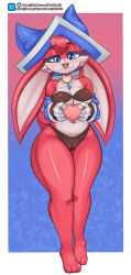 Rule 34 | 1girl, absurdres, animal ears, bare shoulders, barefoot, bikini, black bikini, blue background, blue eyes, blush, border, breasts, cameltoe, cleft of venus, collarbone, detached sleeves, full body, furry, gloves, gradient background, hat, heart, heart-shaped pupils, highres, jewelry, kyodashiro, medium breasts, moji (paladins), navel, necklace, open mouth, paladins, pink background, rabbit ears, shiny skin, smile, solo, standing, swimsuit, symbol-shaped pupils, teeth, thick thighs, thighs, two-tone background, upper teeth only, white border, white gloves, witch hat