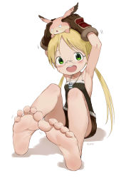 Rule 34 | 1girl, :d, absurdres, aomoro, armpits, backless shirt, bare legs, bare shoulders, barefoot, blonde hair, brown shirt, brown shorts, collarbone, creature, creature on head, facial scar, feet, foot focus, fur, glasses, green eyes, highres, long hair, looking at viewer, low twintails, made in abyss, meinya (made in abyss), open mouth, parted bangs, riko (made in abyss), scar, scar on cheek, scar on face, shadow, shirt, short shorts, shorts, signature, simple background, sitting, smile, soles, toes, twintails, whistle, whistle around neck, white background