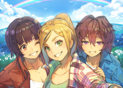 Rule 34 | 3girls, bird, blonde hair, blue jacket, blue sky, breasts, brown eyes, brown hair, cleavage, cloud, collarbone, commentary request, commission, green eyes, green shirt, grin, hand on another&#039;s shoulder, hide (hideout), jacket, long hair, looking at viewer, multiple girls, ocean, one eye closed, original, outdoors, partial commentary, plaid, plaid jacket, ponytail, purple eyes, purple hair, rainbow, red jacket, selfie, shirt, short hair, skeb commission, sky, smile, upper body, white shirt
