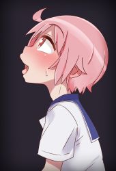 Rule 34 | 1girl, absurdres, ahoge, black background, blush, chiden, from side, gradient background, highres, imminent fellatio, looking up, nonohara yuzuko, open mouth, oral invitation, pink eyes, pink hair, school uniform, serafuku, shiny skin, shirt, short hair, short sleeves, simple background, smile, solo, tongue, tongue out, white shirt, yuyushiki