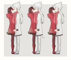 Rule 34 | 2girls, black hair, black legwear, blue eyes, boots, coat, couple, cross-laced footwear, closed eyes, holding hands, kiss, knee boots, kuma (bloodycolor), lace-up boots, long hair, multicolored hair, multiple girls, pantyhose, red footwear, red hair, ruby rose, rwby, scar, scar across eye, scar on face, scarf, shared clothes, shared scarf, short hair, smile, surprised, tiptoe kiss, tiptoes, two-tone hair, weiss schnee, white hair, winter clothes, winter coat, yuri