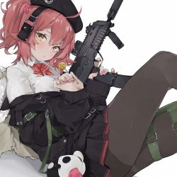 Rule 34 | 1girl, ahoge, beret, black hat, black jacket, black pantyhose, black skirt, blush, bow, bowtie, brown eyes, candy, food, girls&#039; frontline, gun, h&amp;k mp7, hair bobbles, hair ornament, hat, headphones, highres, holding, holding candy, holding food, holding gun, holding lollipop, holding weapon, jacket, lollipop, machine pistol, mp7 (girls&#039; frontline), nail polish, off shoulder, pantyhose, personal defense weapon, pink nails, pleated skirt, ponytail, red bow, red bowtie, red hair, rippootai, shirt, side ponytail, simple background, skirt, solo, submachine gun, suppressor, weapon, white background, white shirt